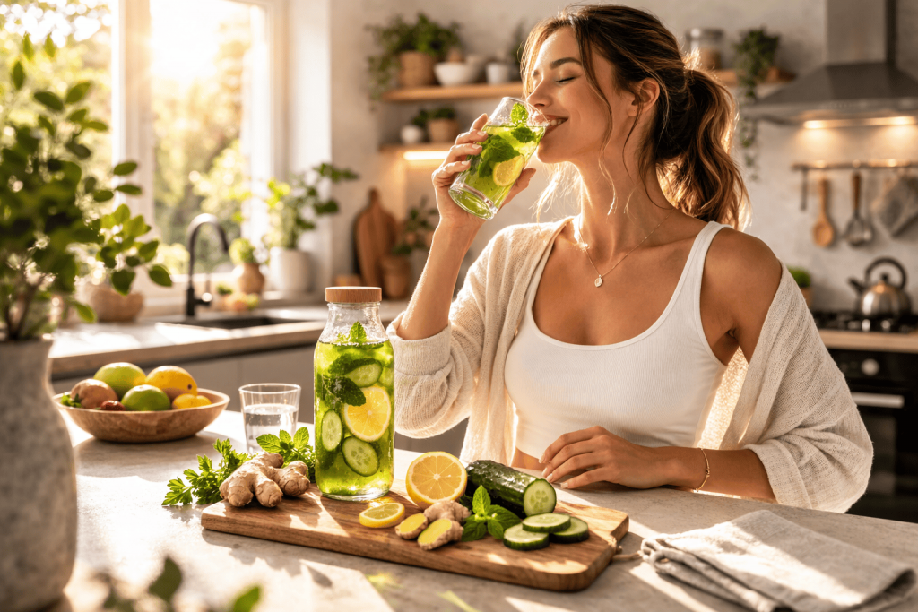 une personne prenant sa boisson detox