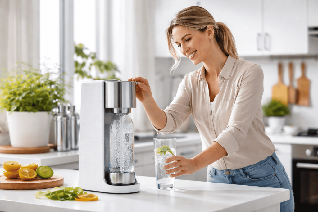 une personne utilisant sa machine à eau gazeuse