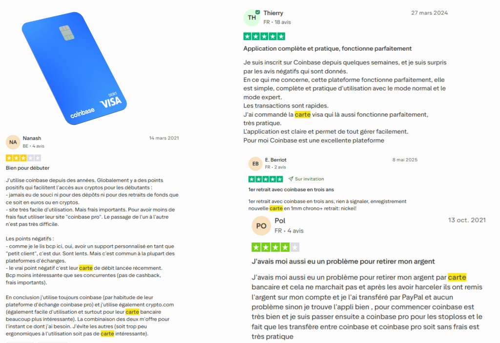 avis des clients sur la carte coinbase